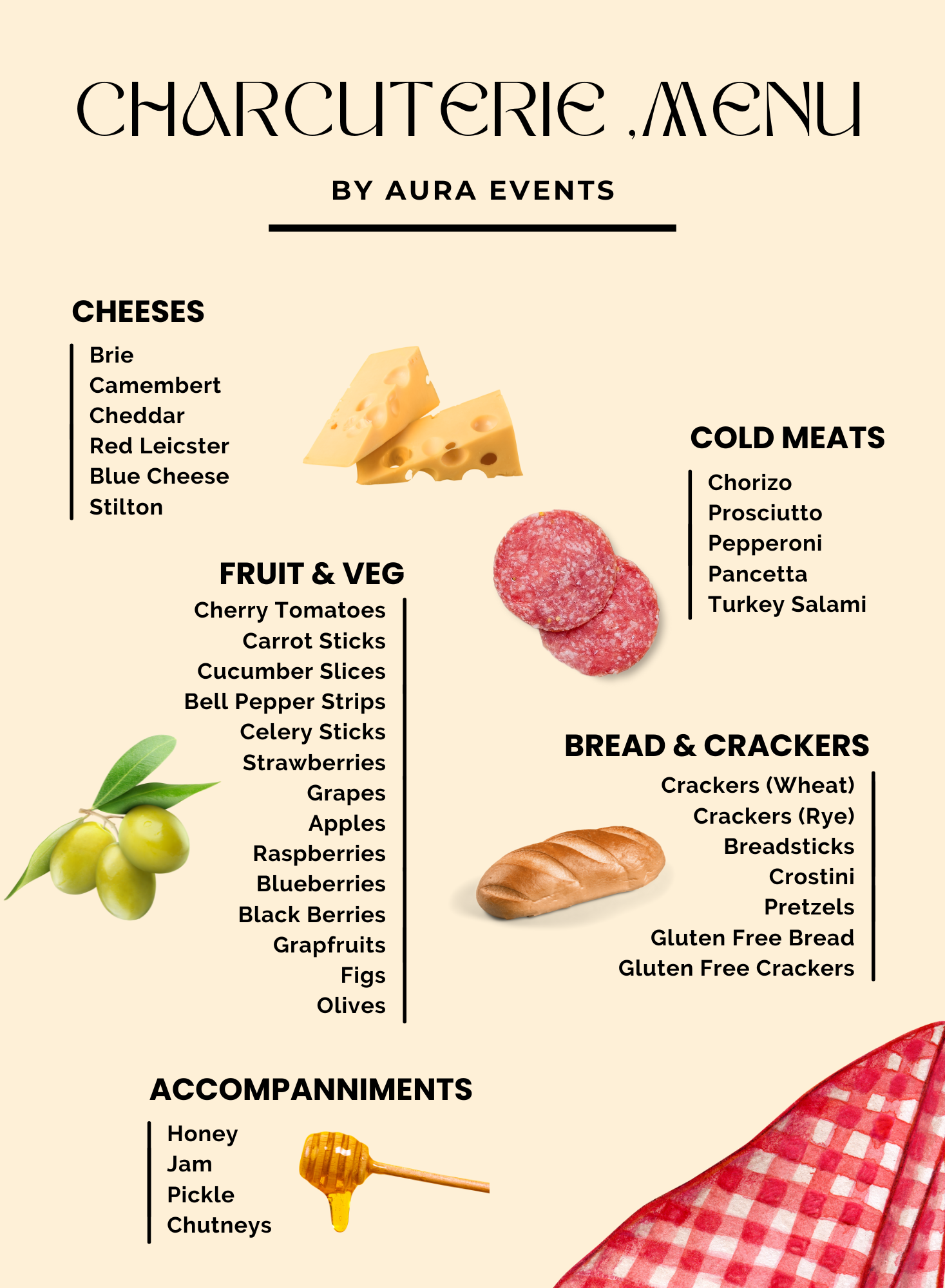 Menu of our charcuterie cart options