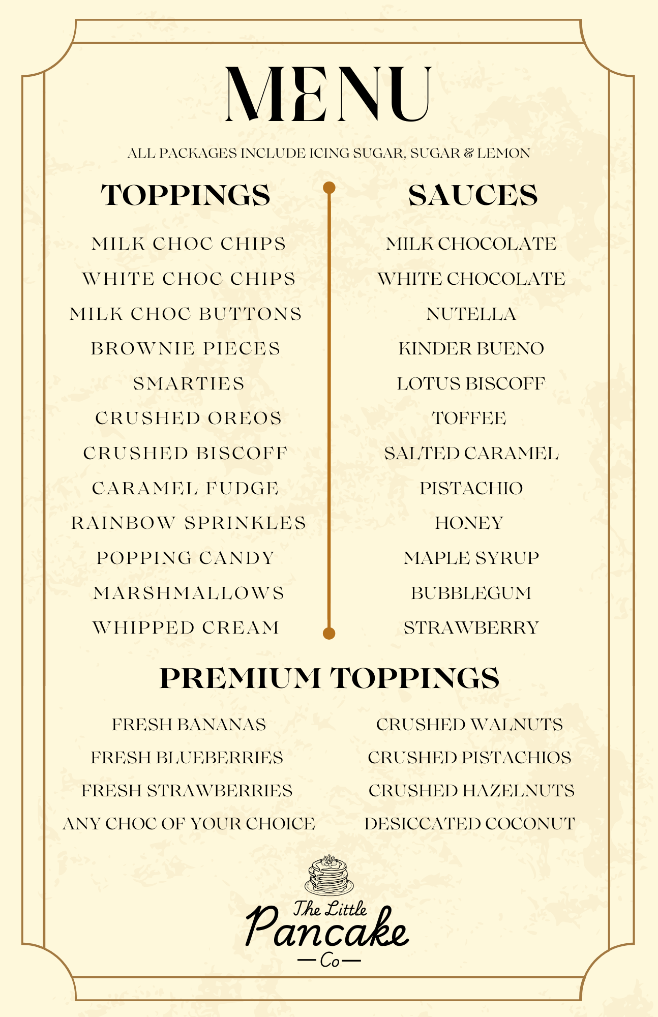 Mini dutch pancakes menu, with toppings sauces and aura events branding